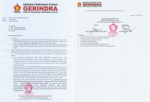 MK DPP Gerindra: Kepengurusan Gerindra Dipimpin H Dahlan Adalah Sah - Kabar Harian Bima