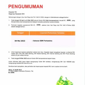 Jadwal Operasional BNI Kantor Cabang Bima Selama Libur Hari Raya Idul Fitri 1443 H / Tahun 2022 - Kabar Harian Bima